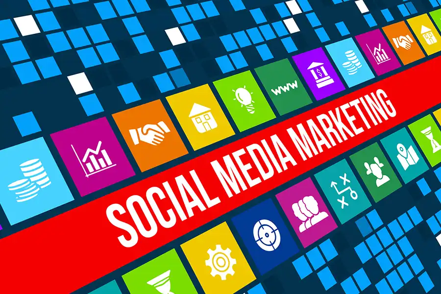 Colorful icons related to business and communication line a bold red banner with “SOCIAL MEDIA MARKETING” in white, highlighting the benefits of social media marketing for manufacturers across a sleek digital background.