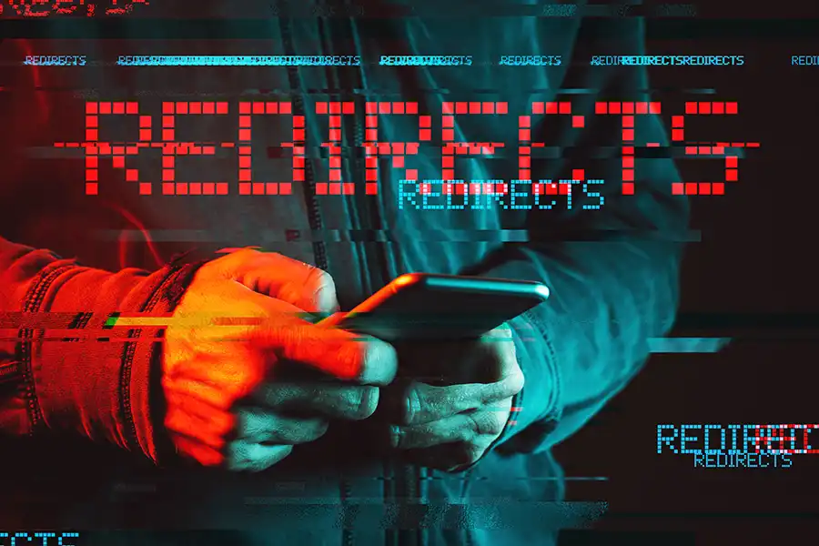 A person holding a smartphone with the word REDIRECTS in large, glitchy digital text overlaying the image, highlighting the importance of using 301 permanent redirects to prevent duplicate content in technology and cybersecurity.