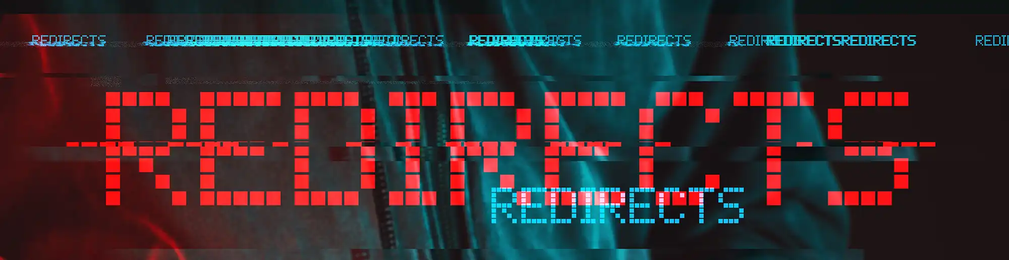 Glitched digital art showing the word ROOMCATS in large red pixelated letters, with smaller blue versions and visual distortions over a dark, textured background—evoking themes like The Importance of Using 301 Permanent Redirects to Prevent Duplicate Content.