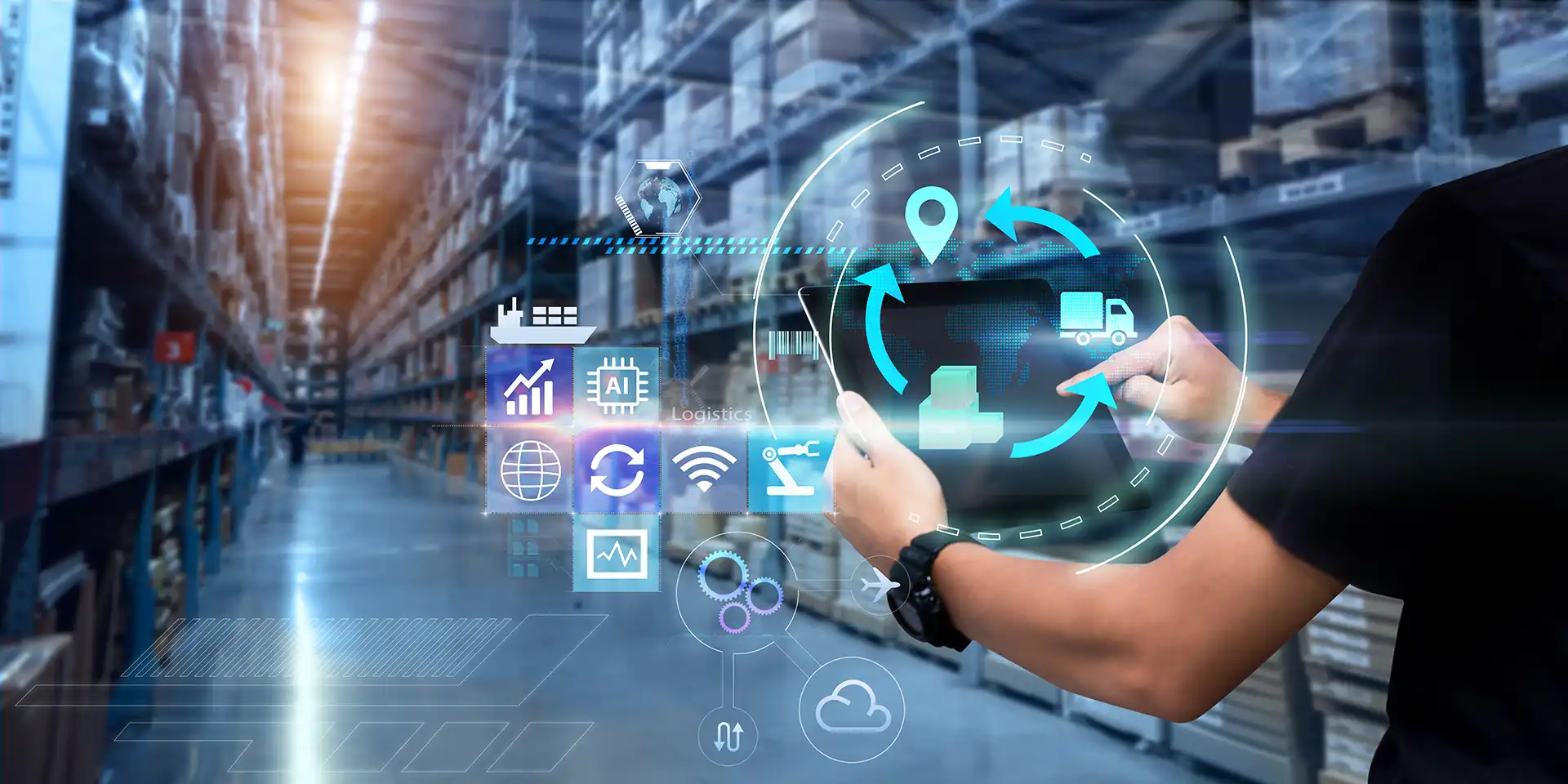 A person uses a tablet in a warehouse, with digital logistics and supply chain icons overlaid on the image, highlighting smart warehouse technology and The Vital Role of Digital Marketing for Manufacturers in optimizing operations.