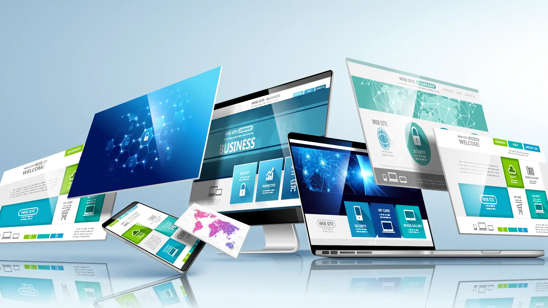 Multiple digital screens and laptops display business and technology-themed web pages, icons, graphs, and world maps in a dynamic layout, highlighting the Top 10 Reasons Manufacturers Need Good Website Design on a light blue background.