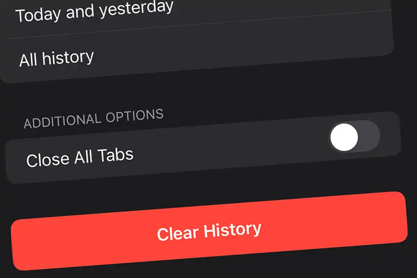 A screenshot of a mobile browser settings menu with options like How to Clear Cache in Chrome, clear browsing history for Today and yesterday or All history, a toggle for Close All Tabs, and a red Clear History button.
