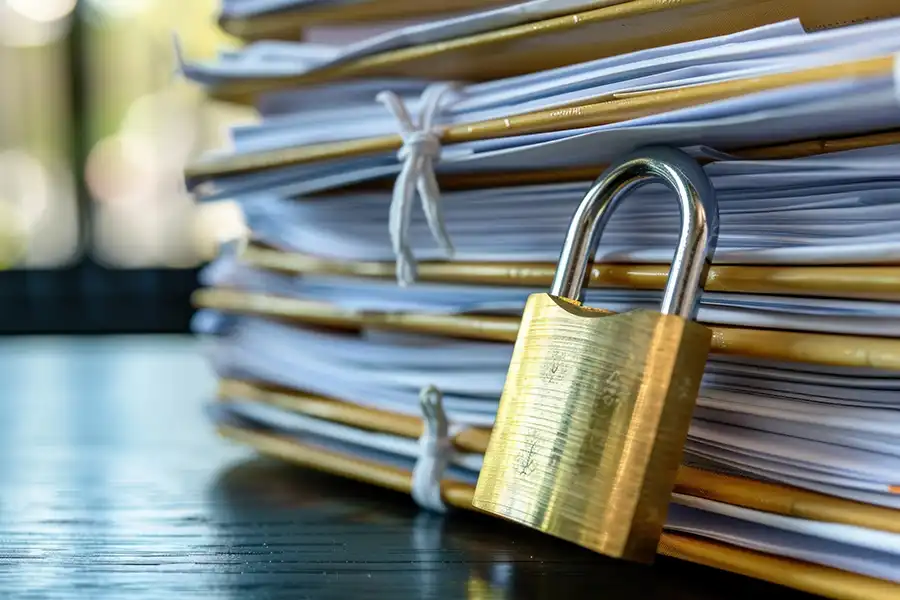 A stack of paper documents tied with string and secured with a brass padlock, symbolizing confidentiality and secure information storage to improve lead generation.
