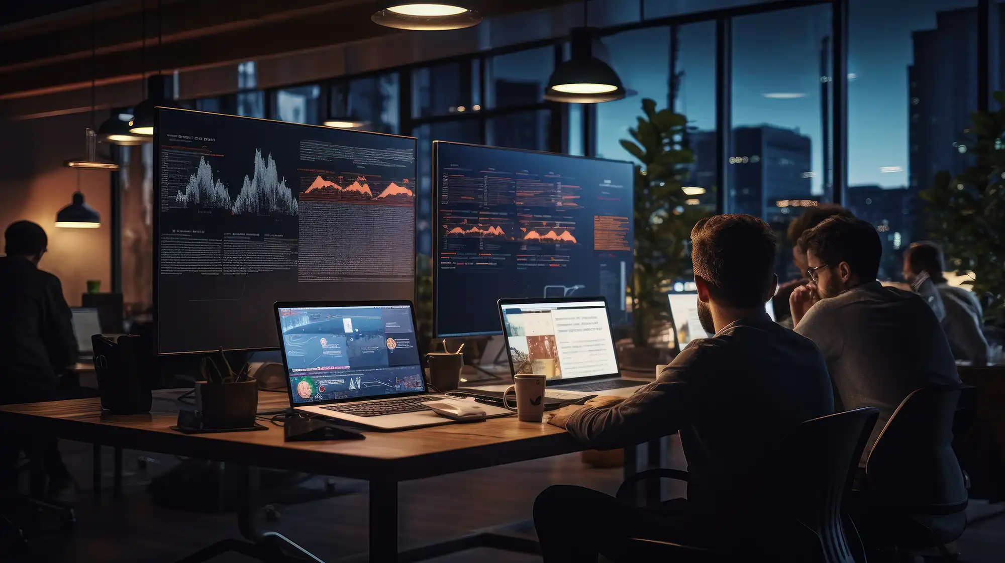 Two people work at desks with laptops and large monitors displaying Website Uptime Monitoring data, graphs, and code in a modern office at dusk, with city buildings visible through large windows in the background.