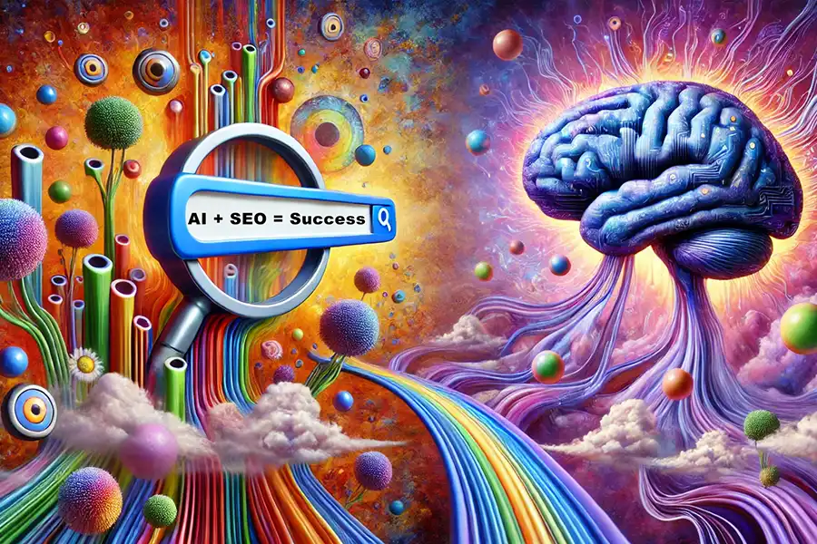 A colorful digital artwork shows a magnifying glass with AI + SEO = Success next to a vibrant, glowing brain. Rainbow-colored lines and abstract shapes connect the two, illustrating how AI is changing the SEO landscape in a surreal, cosmic scene.