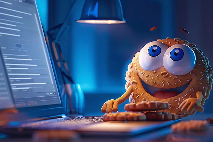 A smiling, cartoonish cookie character with big eyes sits at a desk typing on a laptop at night. Amid cozy blue lighting and cookie crumbs, the scene playfully asks: What is Cookie Compliance?.