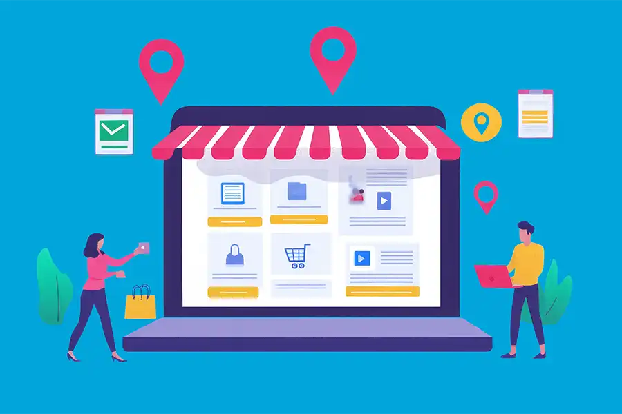 Illustration of two people using devices next to a large laptop displaying an online store, with shopping icons and location markers, representing How to List Services in Google My Business Products on a blue background.