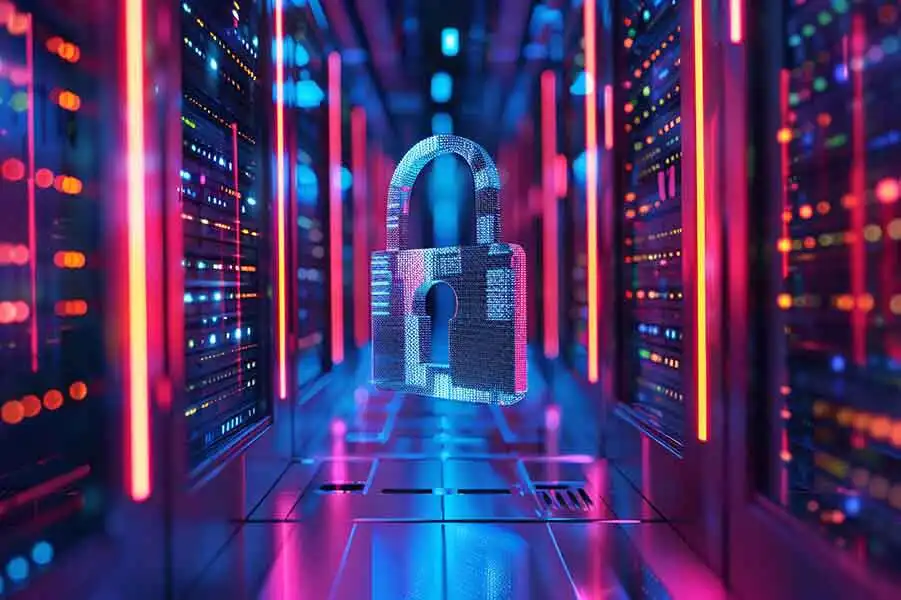 A glowing digital padlock hovers in the center of a futuristic server room filled with colorful neon lights, symbolizing cybersecurity and data protection as scammers are targeting Google Business Listings more than ever.