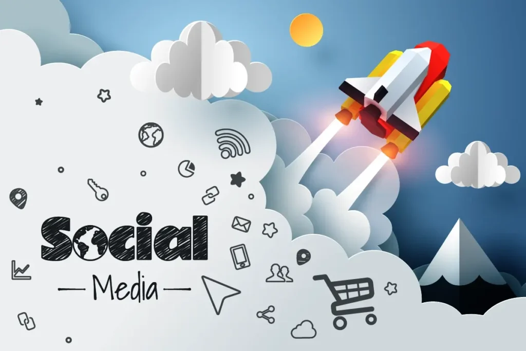A rocket taking off from clouds, symbolizing the powerful launch of your brand through Social Media Marketing.