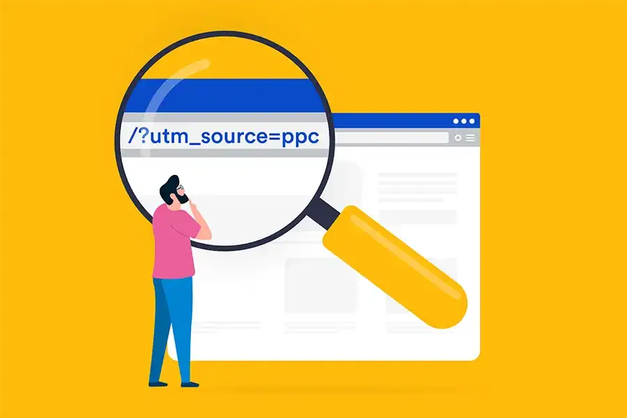 Illustration of a person looking at a webpage through a large magnifying glass, highlighting a URL with the parameter “?utm_source=ppc,” showcasing UTM Google Tracking on a bright yellow background.