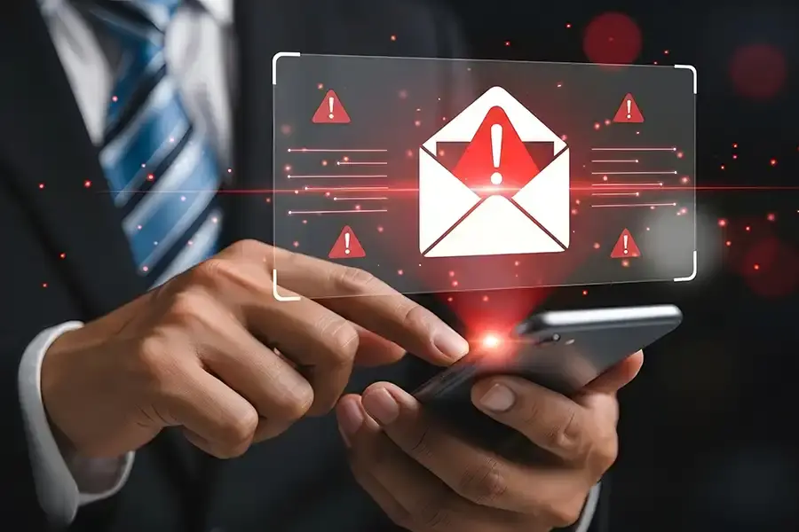 A person holding a phone with a transparent screen, perhaps checking tips on why use bcc in emails for discreet communication.