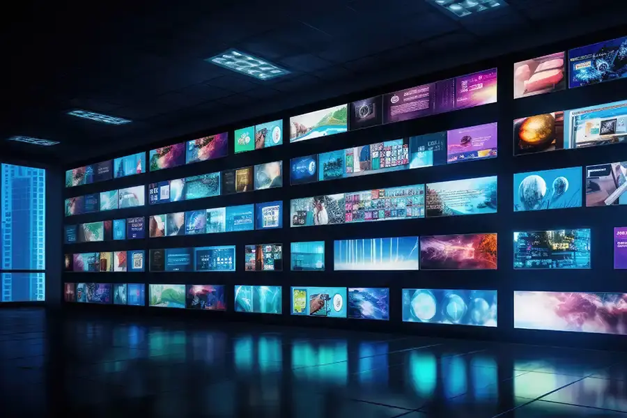 A dark room with a large digital wall displaying numerous brightly lit screens, each showcasing B2B video marketing insights and data, creating a high-tech, futuristic control center atmosphere.