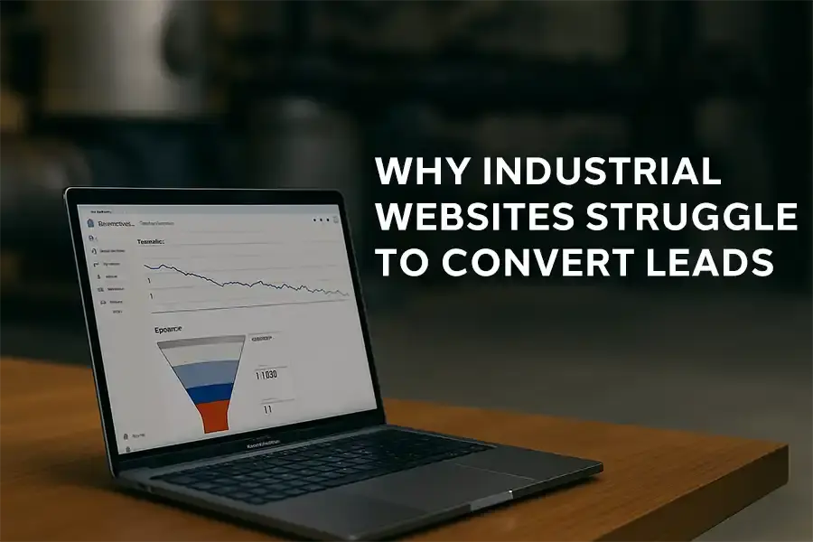A laptop displaying website analytics, including a line graph and funnel chart, sits on a wooden table. Text beside the laptop reads: Why Industrial Websites Struggle to Convert Leads—understand the hidden challenges behind low conversion rates.