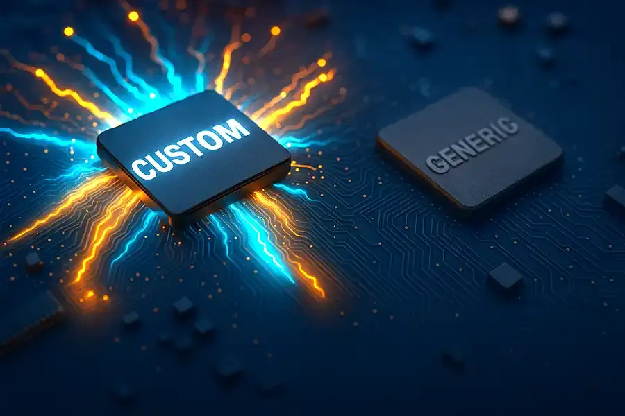 A glowing computer chip labeled CUSTOM emits bright blue and orange light, while a dull chip labeled GENERIC sits nearby on a dark circuit board, visualizing the real difference between custom and off-the-shelf AI tools.