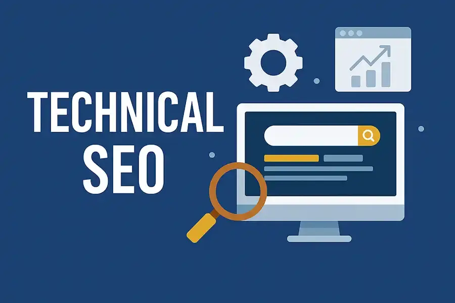 Illustration with the words TECHNICAL SEO in 2026, a computer monitor showing a search bar, a magnifying glass, a gear icon, and an upward-trending graph on a dark blue background.