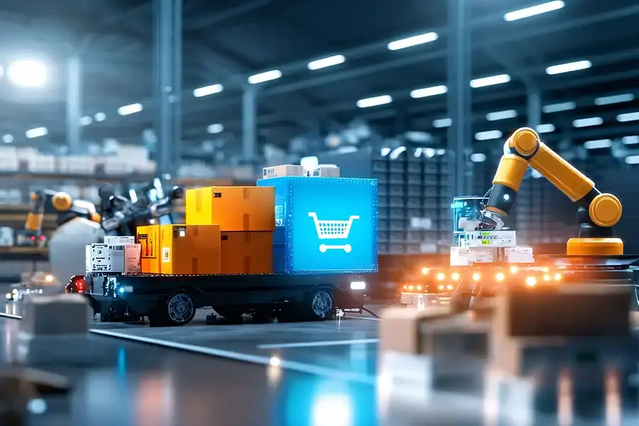A robotic arm and automated cart move packages in a warehouse with blue lighting. A large blue box displays a shopping cart icon, highlighting e-commerce development and automated logistics operations.