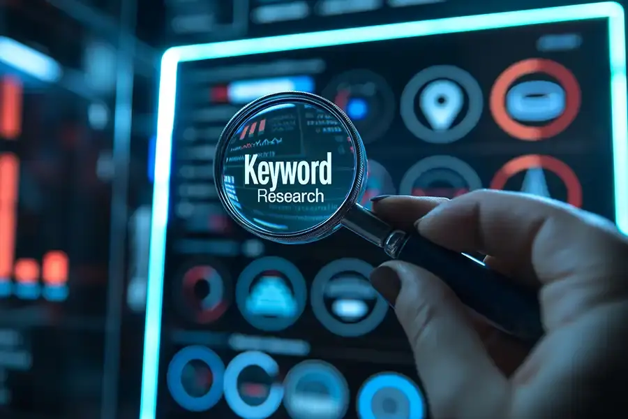 A hand holds a magnifying glass over a digital screen displaying data and charts, focusing on the words Keyword Research. The blue and black color scheme emphasizes B2B SEO analysis and technology.