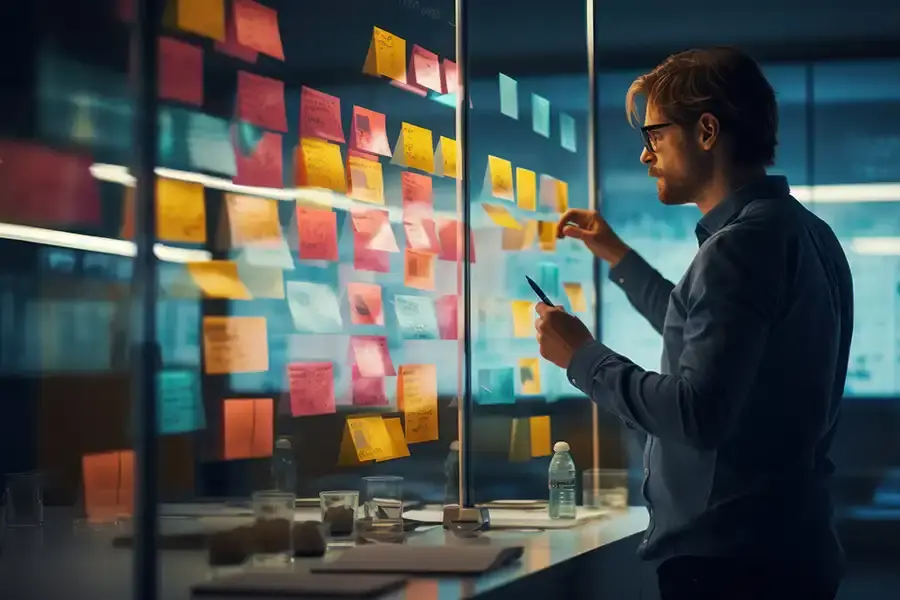 A man wearing glasses stands in front of a glass wall covered with colorful sticky notes, analyzing and organizing them with a pen in hand—strategizing B2B Content Marketing ideas in a modern office setting.