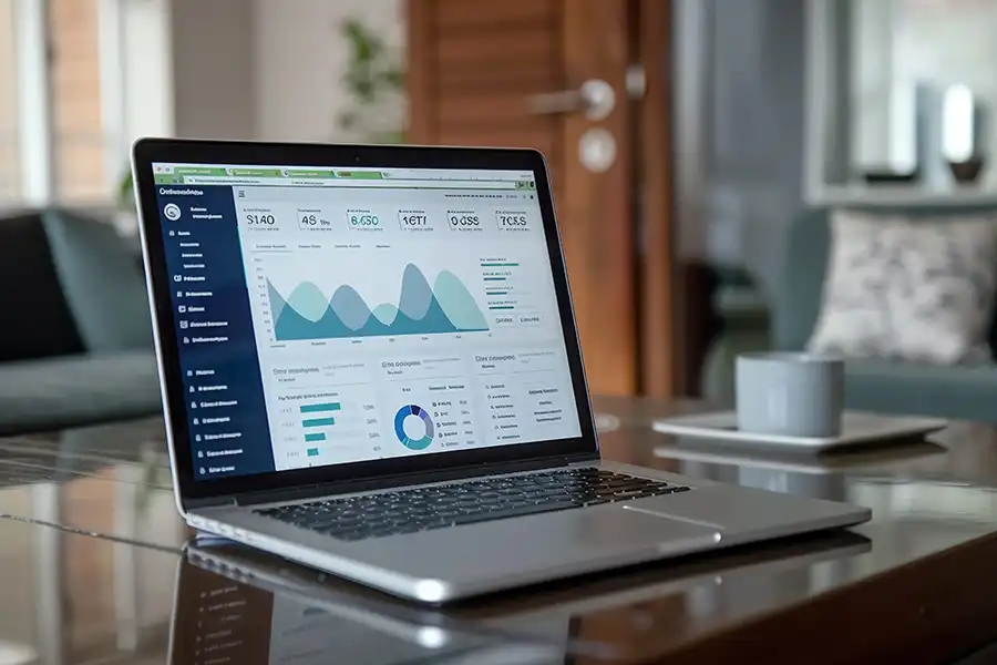 A laptop on a glass table displays B2B Lead Generation analytics dashboards with graphs, charts, and statistics. The background features a blurred living room with a sofa and a coffee cup.
