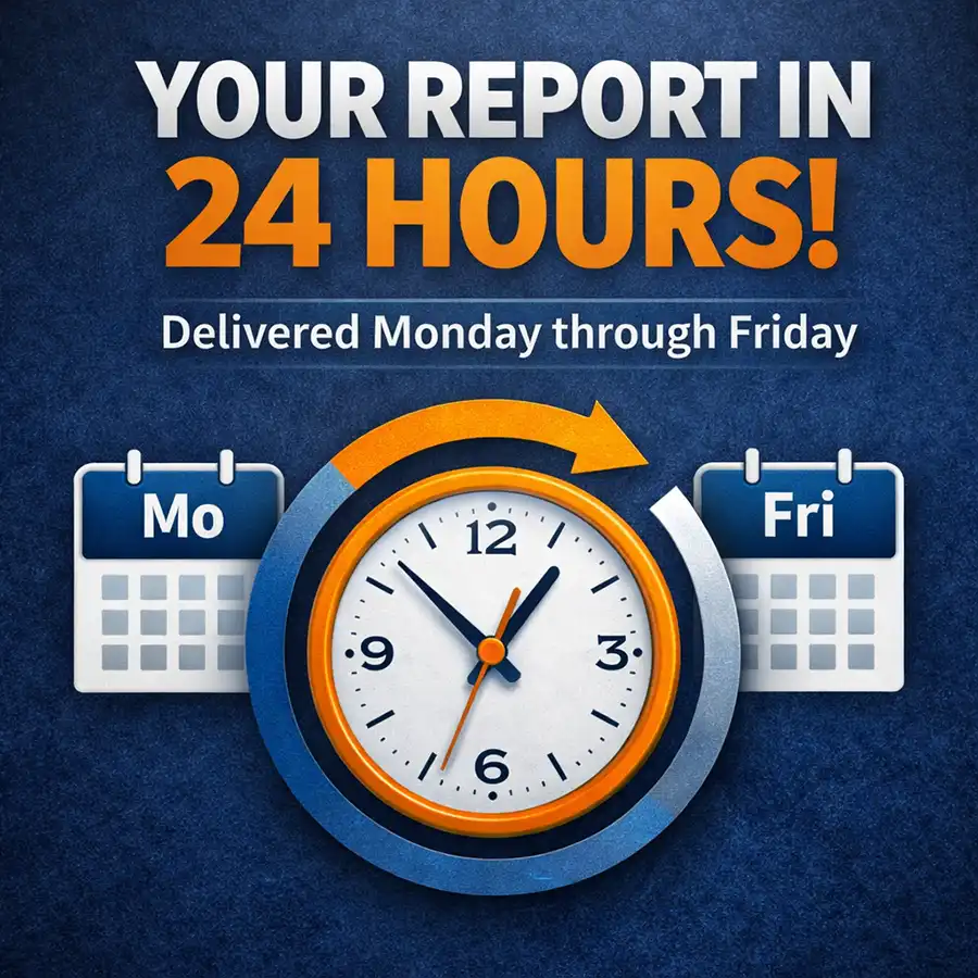 Square graphic promoting SEO audit turnaround time with headline “Your Report in 24 Hours!” and subtext “Delivered Monday through Friday,” featuring a large clock in the center with Monday and Friday calendar icons on each side.