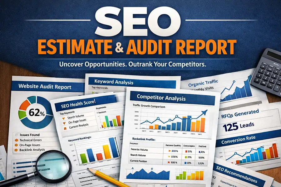 SEO Estimate and SEO Audit report documents fanned out on a desk showing keyword analysis, competitor analysis, SEO health score, organic traffic growth charts, leads generated, conversion rate data, and technical recommendations.