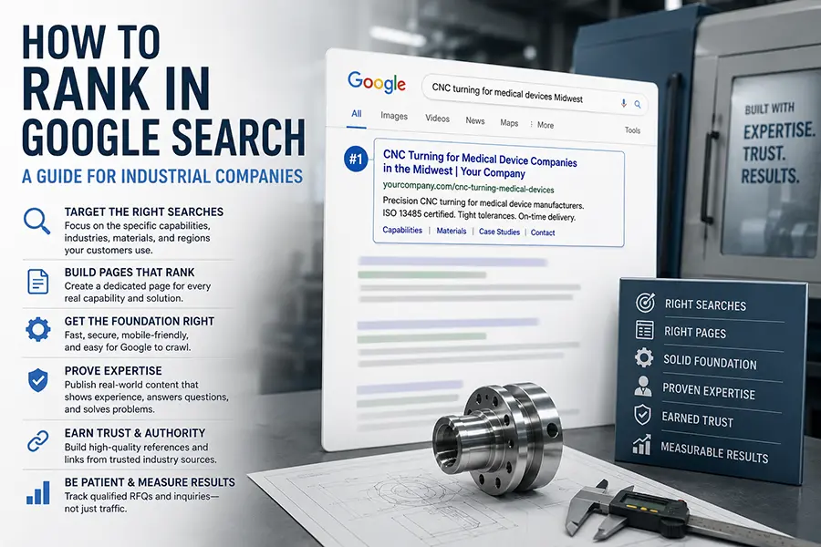 An infographic titled How to Rank in Google Search features a Google search page, tips for industrial companies, and metal machine parts. A sidebar lists keys like right searches, solid foundation, and measurable results for ranking success.