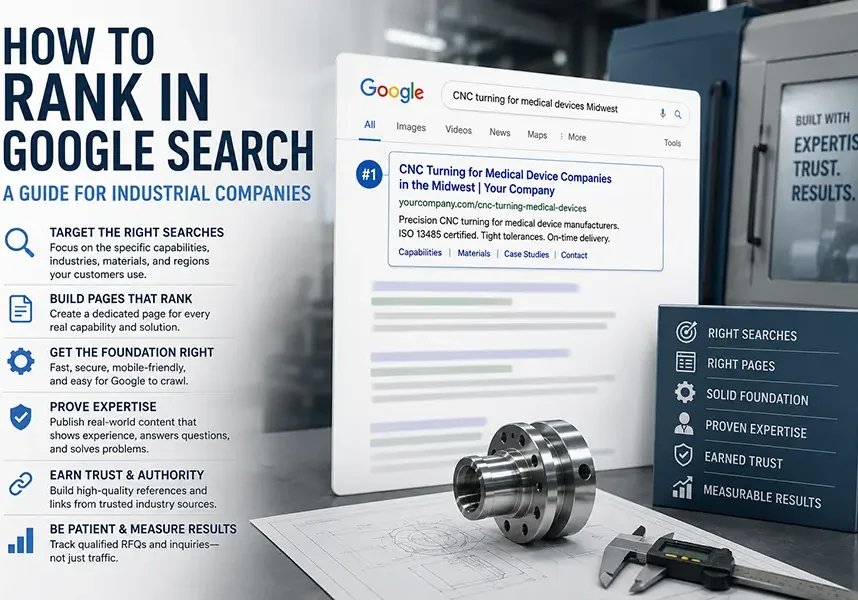 An infographic titled How to Rank in Google Search features a Google search page, tips for industrial companies, and metal machine parts. A sidebar lists keys like right searches, solid foundation, and measurable results for ranking success.