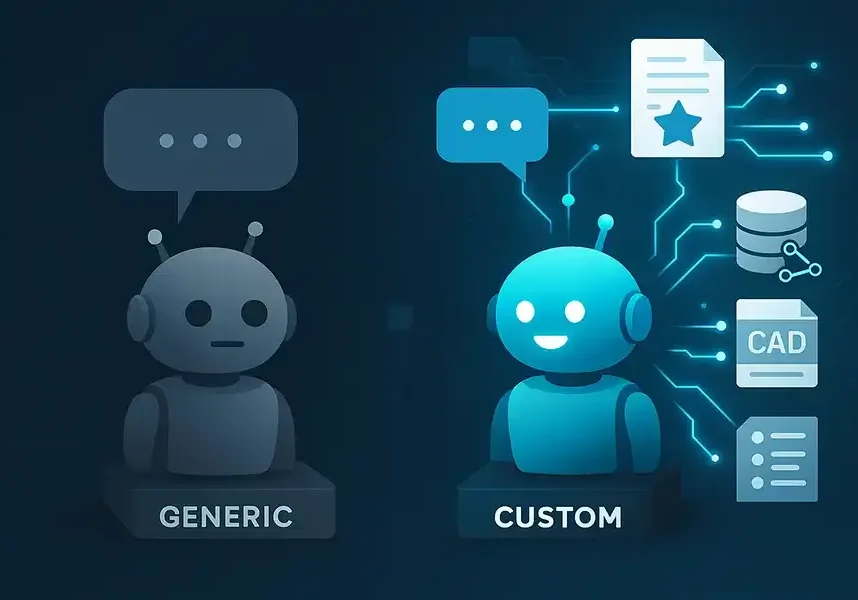 A split image shows a dull, gray robot labeled Generic AI Chatbots on the left, and a bright, blue robot labeled Custom-Trained Chatbots on the right, surrounded by icons representing files, databases, and chat bubbles.