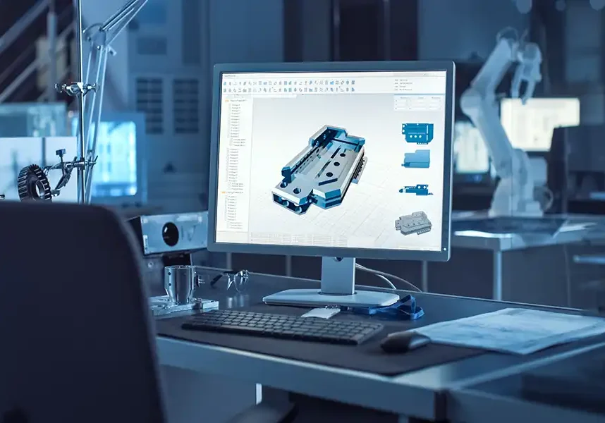 A computer monitor on a desk displays a 3D CAD model of a mechanical part in an office or lab setting, with technical equipment and a robotic arm in the background—perfect for showcasing interactive content for manufacturers.