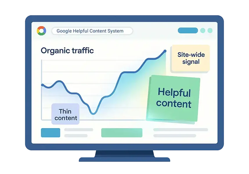 Illustration of a computer screen displaying a rising line graph labeled Organic traffic, with notes Thin content, Googles helpful content, and Site-wide signal representing content quality's impact on web traffic.