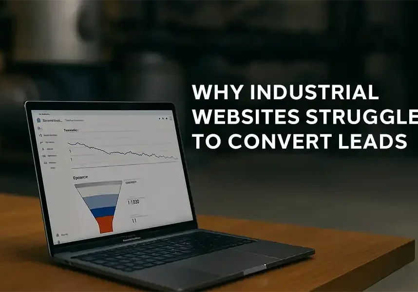 A laptop displaying website analytics, including a line graph and funnel chart, sits on a wooden table. Text beside the laptop reads: Why Industrial Websites Struggle to Convert Leads—understand the hidden challenges behind low conversion rates.