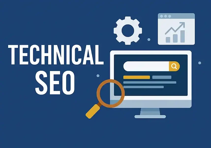 Illustration with the words TECHNICAL SEO in 2026, a computer monitor showing a search bar, a magnifying glass, a gear icon, and an upward-trending graph on a dark blue background.