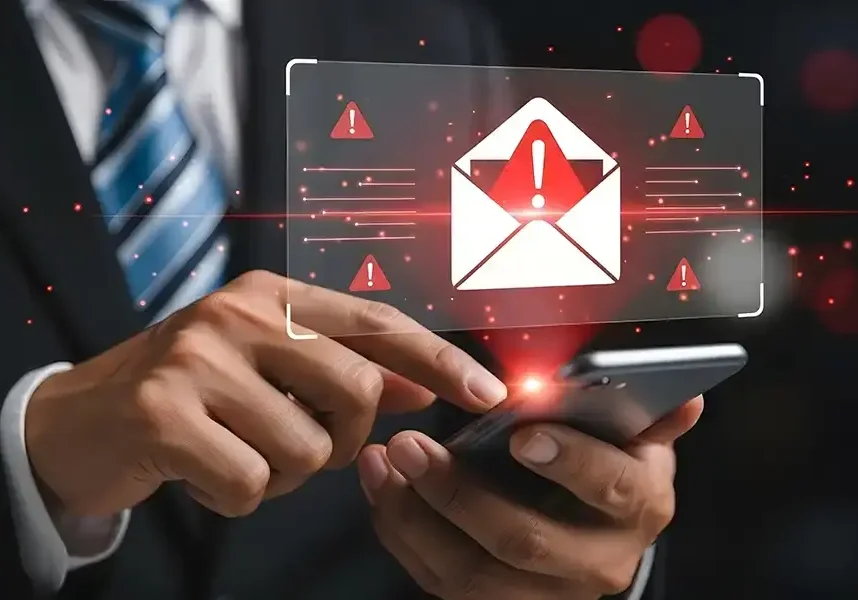 A person holding a phone with a transparent screen, perhaps checking tips on why use bcc in emails for discreet communication.